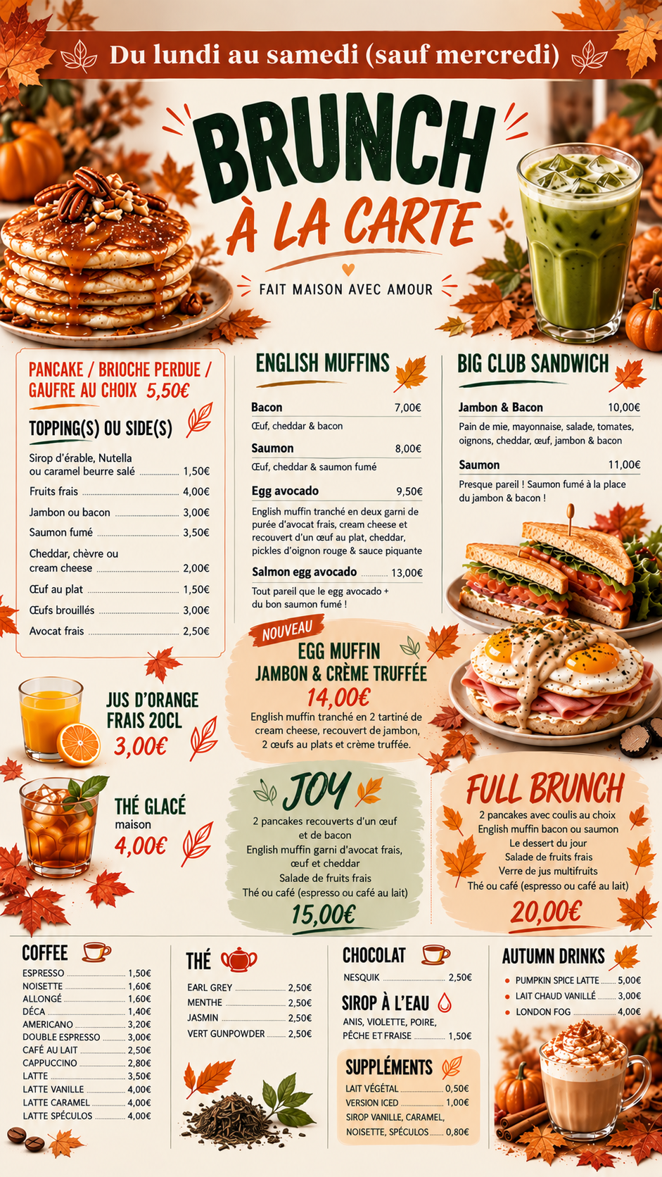Réservation pour le brunch à la carte LUNDI - MARDI - JEUDI - VENDREDI & SAMEDI