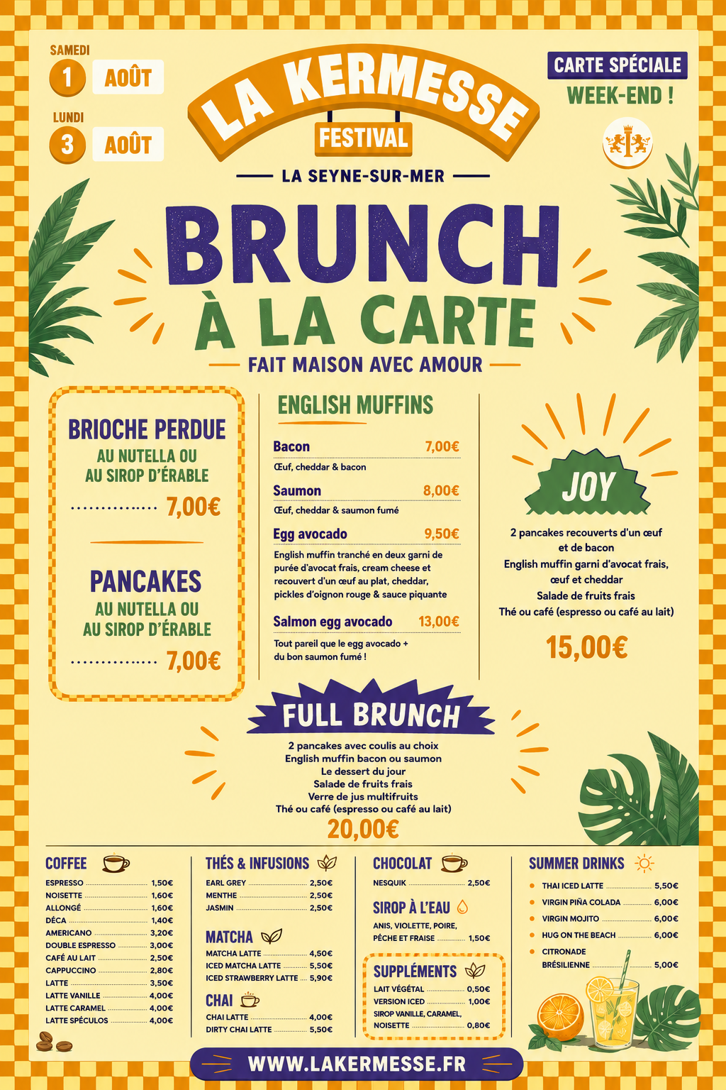 Réservation pour le brunch à la carte LUNDI - MARDI - JEUDI - VENDREDI & SAMEDI
