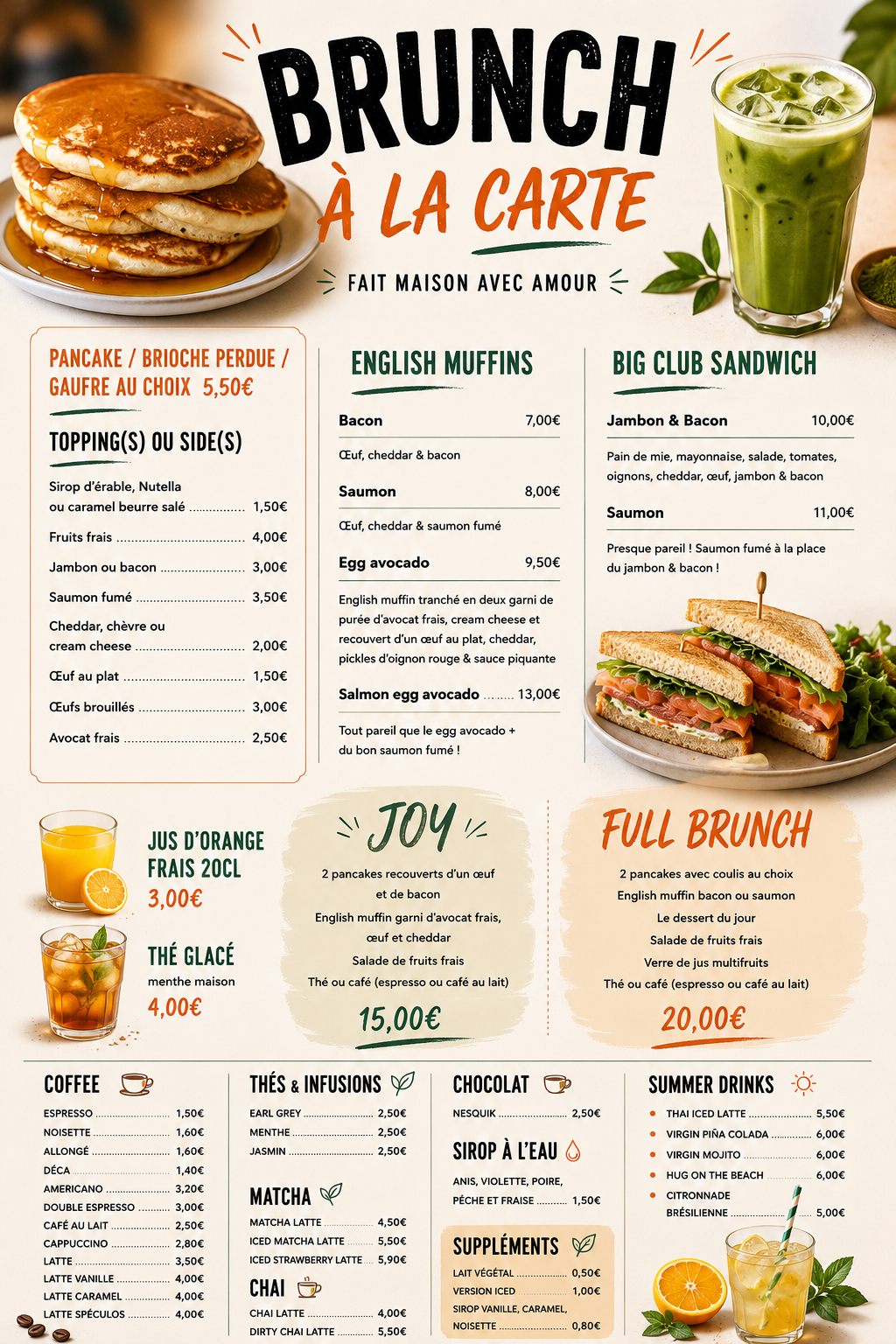 Réservation pour le brunch à la carte LUNDI - MARDI - JEUDI - VENDREDI & SAMEDI